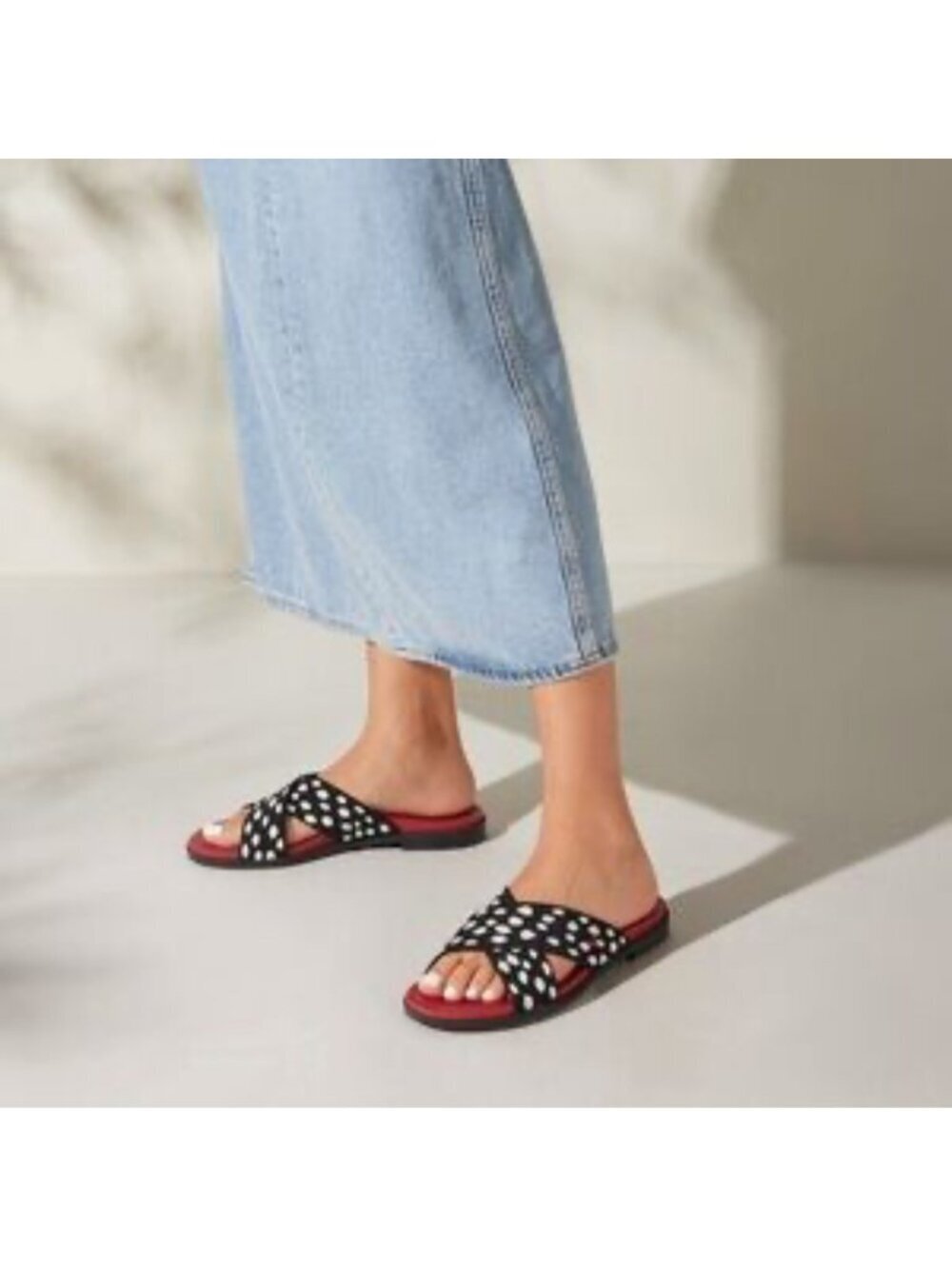 New VIVAIA Black White Polka Dot Knit Slide Sandals Red Cushioned Footbed 39.5